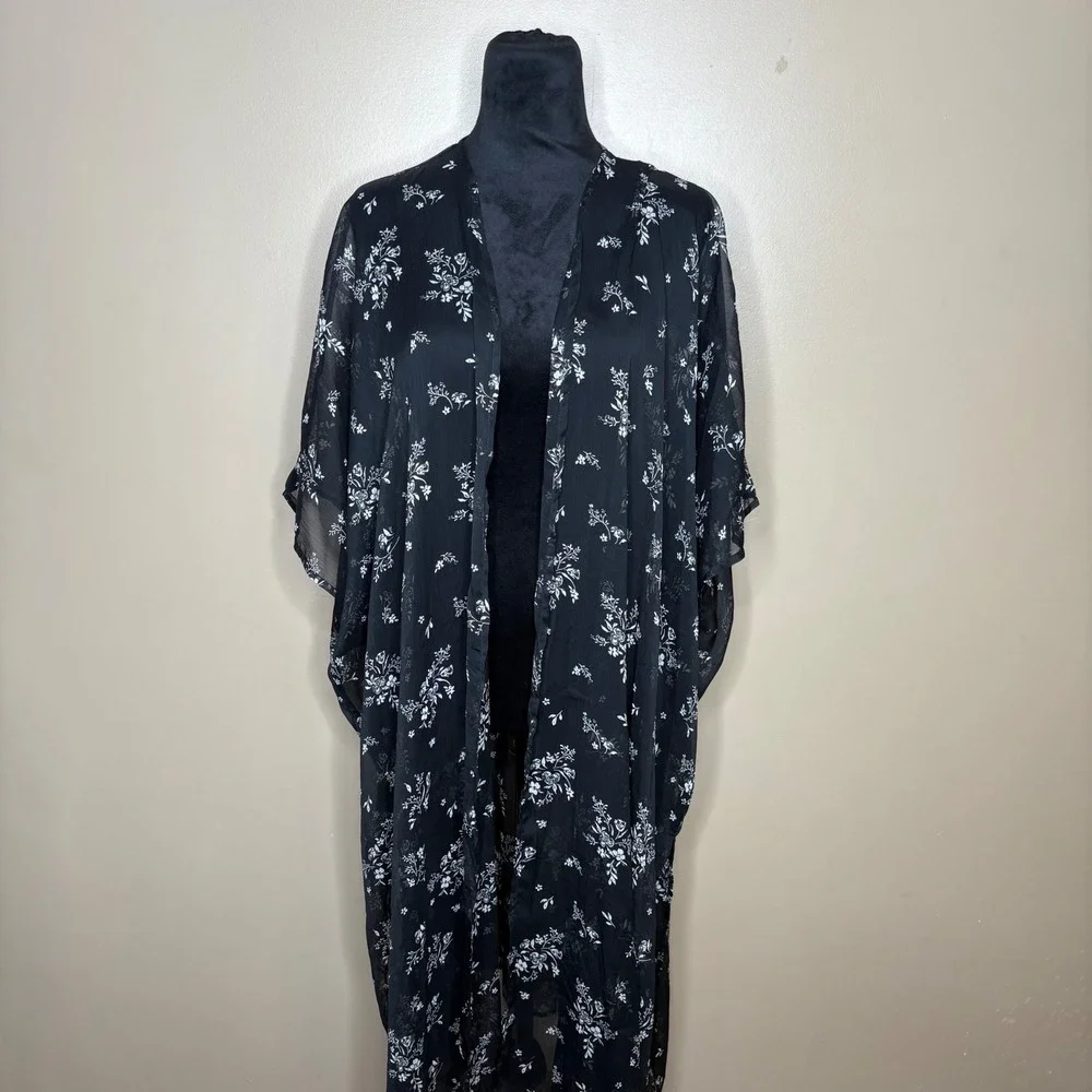 LC Lauren Conrad Womens Black Floral Sheer Duster Kimono Open Front One Size